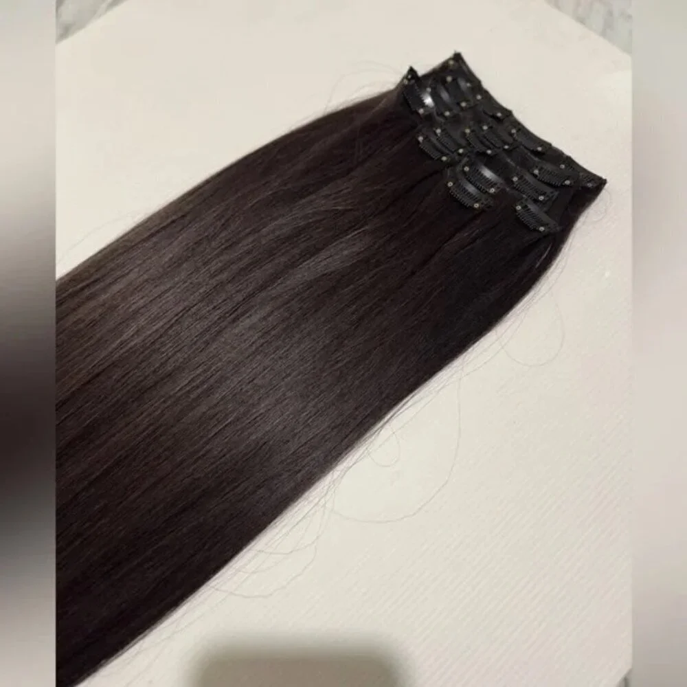 Human Hair Blend Clip-In Extensions | Long Straight Silky Hair | Dark Brown #3